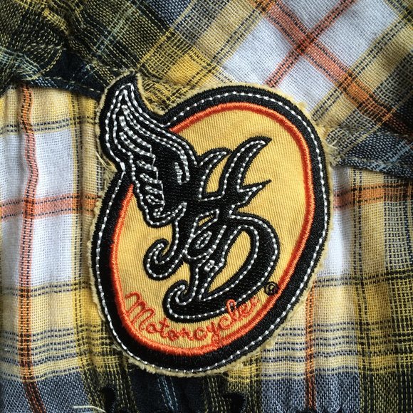 Harley Davidson Womens Speedway Spirit Blouse Medium Plaid Pearl Snap Cap Sleeve - Picture 5 of 9